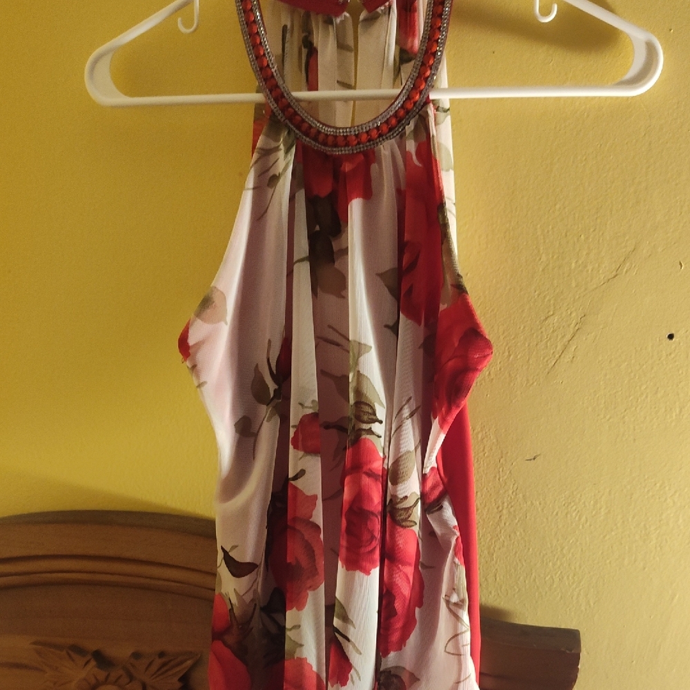 Floral Halter Dress with Beaded Neckline